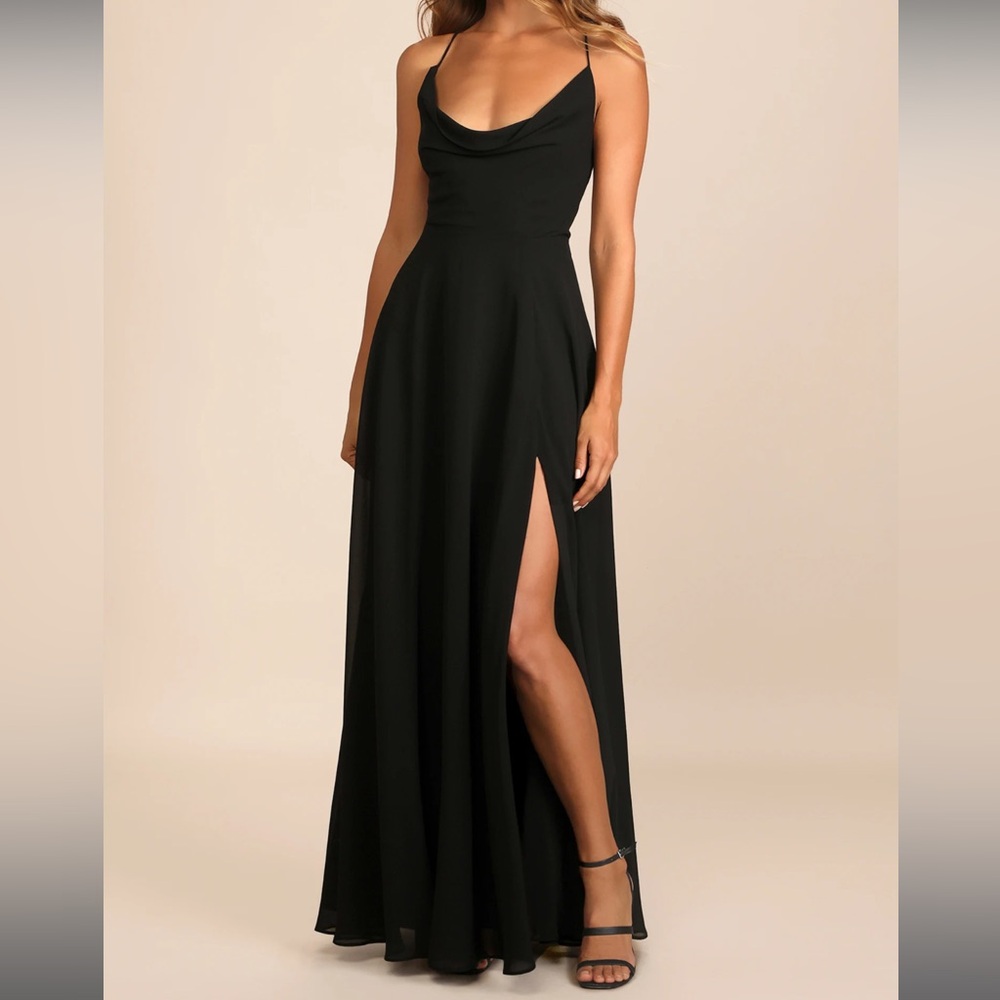 Lulu’s Romantically Speaking Black Cowl Lace-Up Maxi Dress